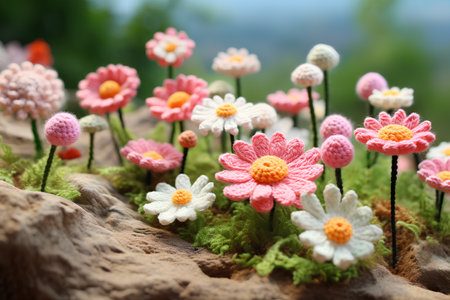 Beautiful artificial flowers made of plastic on natural background. Nature concept.の素材