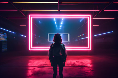 Silhouette of a girl standing in front of a wall with glowing neon lights. 3d renderingの素材