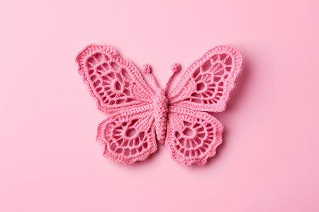 Crocheted pink butterfly on pink background. Minimal style. Top view.の素材