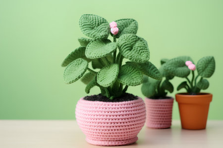 Beautiful plant in pot on table on green background. Home decorの素材