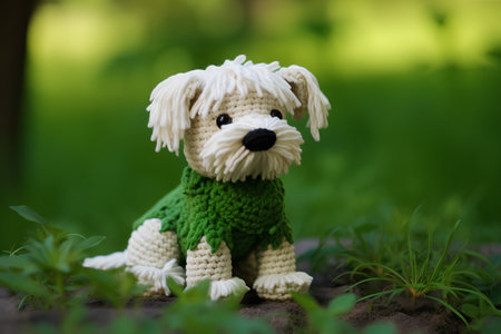 Cute little dog made of knitted wool sitting in the grassの素材