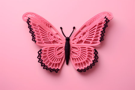 Pink lace butterfly on a pink background. 3d render illustration.の素材