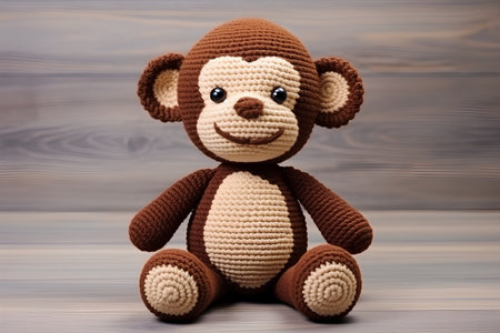 Handmade knitted toy monkey on wooden background. Toned.の素材