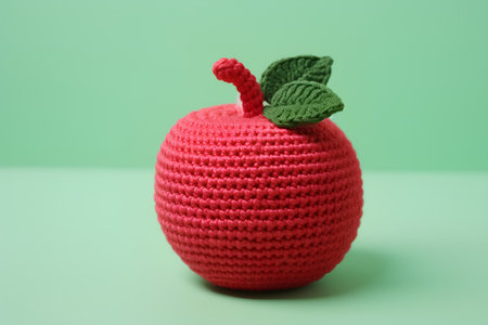 Knitted apple on green background. Knitted red apple with green leafの素材