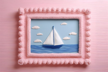 Sailing boat in a pink frame on a pink background with cloudsの素材