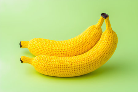 Knitted yellow bananas on a green background. Minimal concept.の素材