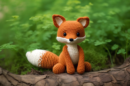 Cute knitted toy fox sitting on a tree trunk in the grassの素材