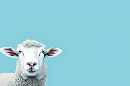 Sheep head isolated on blue background with copy space for your textの素材