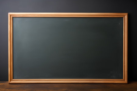 Empty blackboard on a wooden table in front of a dark wallの素材