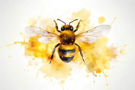 Vector watercolor illustration of a bee on a white background with splashesの素材