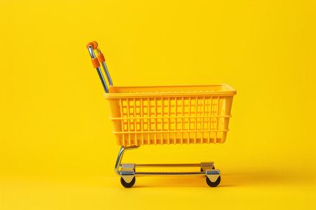 Empty shopping cart isolated on yellow background. 3d render illustration.の素材