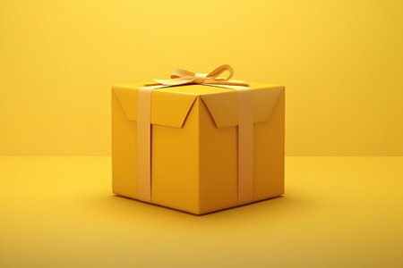 Yellow gift box with golden bow on yellow background. 3d renderの素材