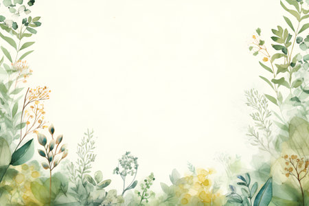 Watercolor floral background. Hand painted greenery, herbs and leaves.の素材
