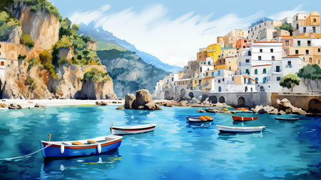 Vernazza, Cinque Terre, Italy. Colorful watercolor paintingの素材