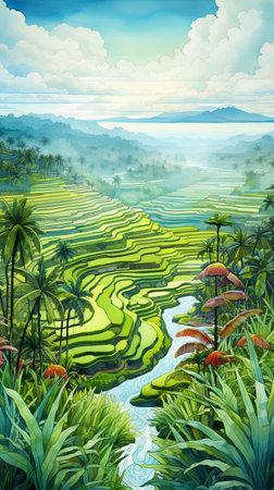 Terraced rice field landscape in Bali, Indonesia. Digital painting.の素材