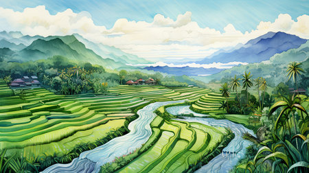 Rice terraces in the mountains of Vietnam. Landscape painting.の素材