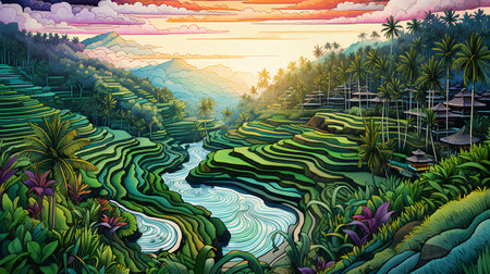 Rice terraces in the mountains at sunset. Vector illustration.の素材