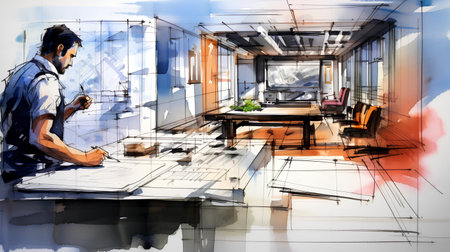sketch design of interior of house,interior sketch drawingの素材