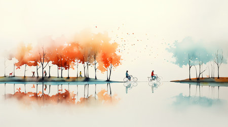 Autumn landscape with watercolor trees and bicycle. Digital painting.の素材