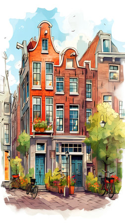 Street view with old houses in Amsterdam, Holland. Vector illustration.の素材