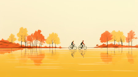 Silhouette of two cyclists in autumn park. Vector illustration.の素材