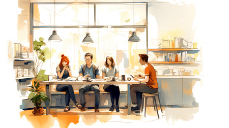 Group of young business people working in a coffee shop. Vector illustration.の素材