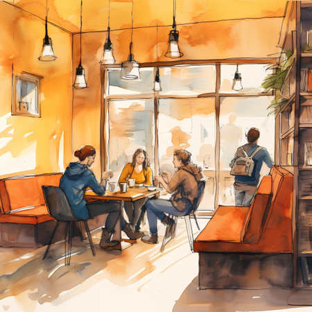 People in cafe. Hand drawn watercolor illustration. Coffee break.の素材
