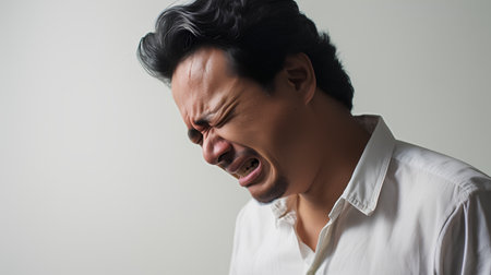 Portrait of stressed young Asian man in white shirt on grey backgroundの素材