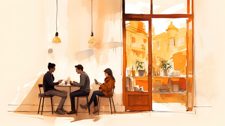 Coffee shop interior with people drinking coffee and talking by the windowの素材