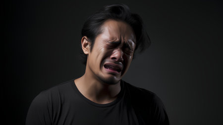 Portrait of stressed young Asian man, isolated on black background.の素材
