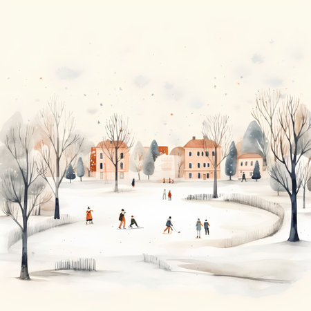 Winter landscape with people walking in the park. Hand drawn vector illustration.の素材