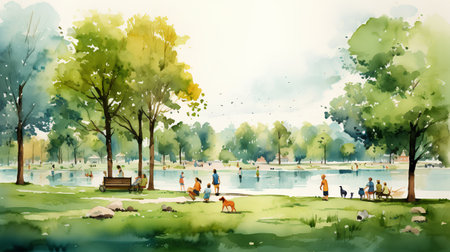 Hand drawn watercolor illustration of a park with people, trees and lakeの素材