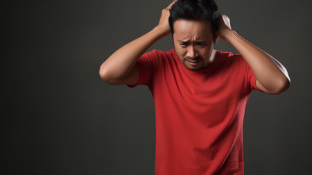 Young Asian man in red t-shirt suffering from headache on dark backgroundの素材
