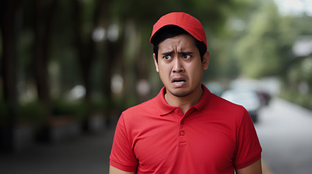 Portrait of a young Asian man wearing a red polo shirt and red cap standing on the street looking angry.の素材