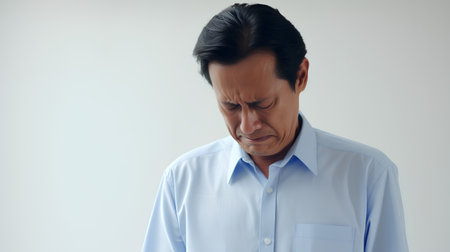 portrait of a sad mature man in a blue shirt on a gray backgroundの素材