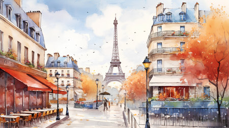 Watercolor sketch of Paris street with Eiffel tower, Franceの素材