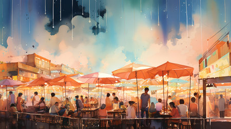 Illustration of a street cafe with people walking in the rain.の素材