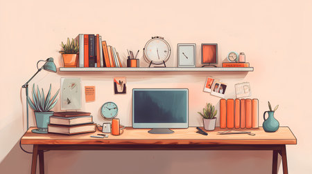 Home office workspace with computer, books and other items. Vector illustrationの素材