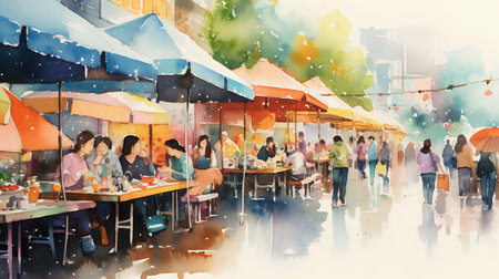 Digital watercolor painting of a street food market in Bangkok, Thailandの素材