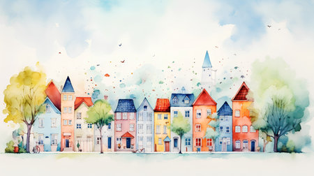 Watercolor hand drawn illustration of old european town with housesの素材