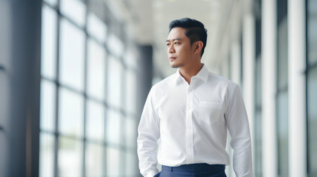 young asian business man standing in modern office building, looking awayの素材