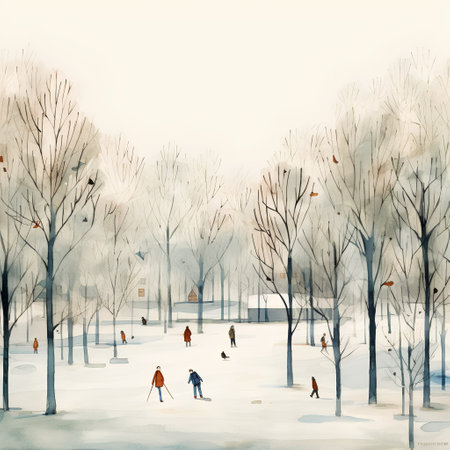 Winter landscape with people walking in the park. Watercolor illustration.の素材