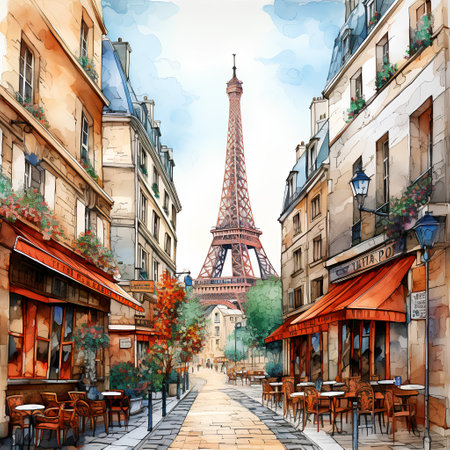 Paris street with Eiffel tower in Paris, France. Watercolor paintingの素材