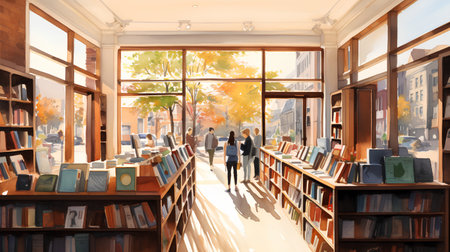 People walking in the library with bookshelves. 3D renderingの素材