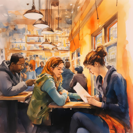 Young people drinking coffee in a cafe. Digital watercolor painting.の素材