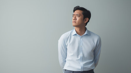 Thoughtful young Asian businessman looking away while standing against grey backgroundの素材