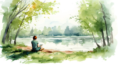 Watercolor illustration of a young man sitting on the bank of a lake and reading a bookの素材
