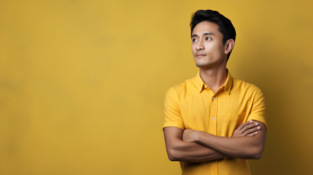 Portrait of a handsome young asian man in yellow shirt on yellow backgroundの素材