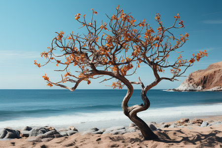Autumn tree on the beach with blue sky and sea background.の素材