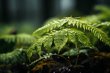 Green fern growing in the rainforest. Selective focus. Toned.の素材